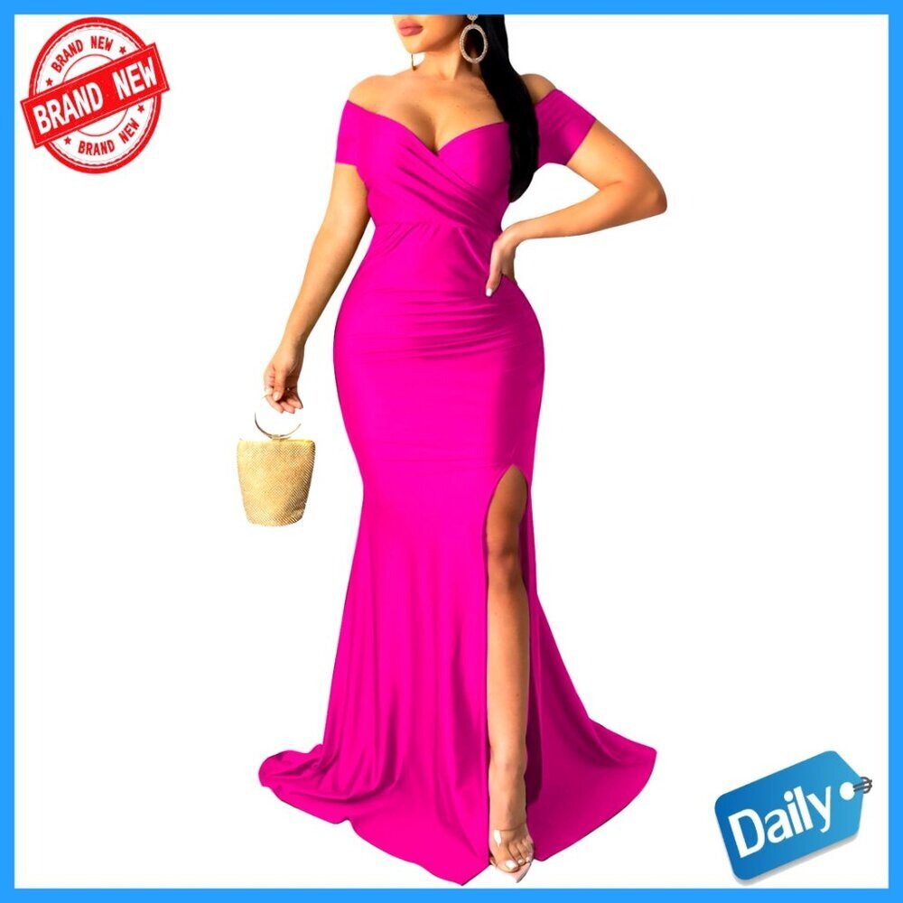 Elegant V-Neck Formal Dress Off Shoulder Wrap Style High Slit Evening Gown